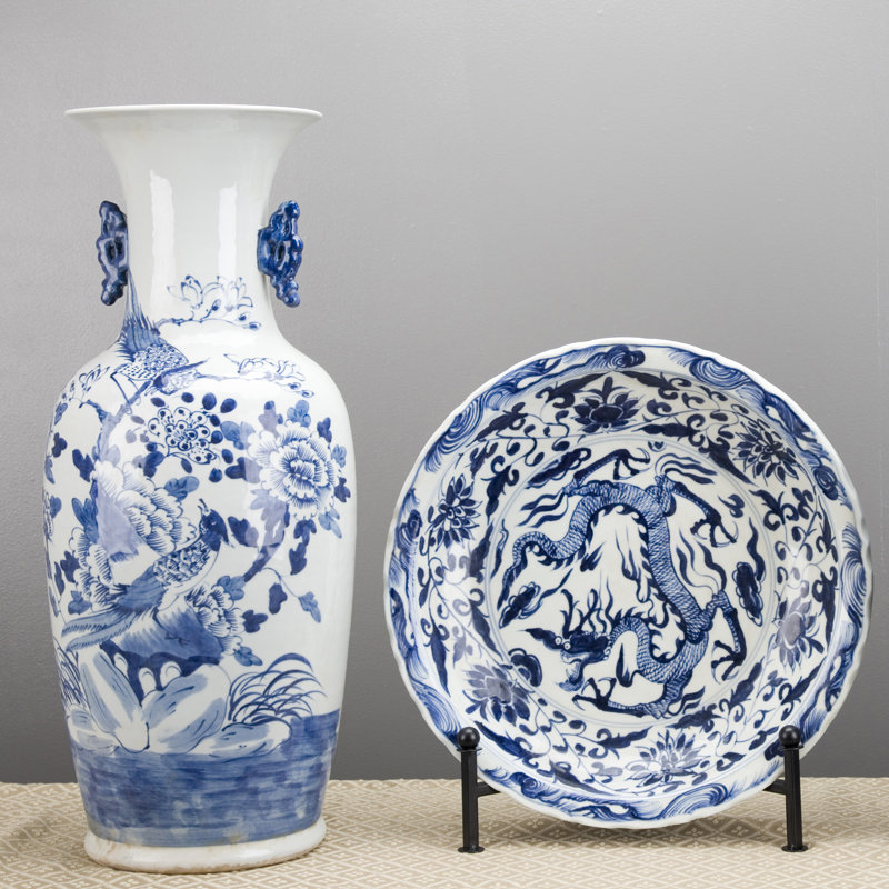 Vase en porcelaine Phoenix lotus bleu blanc