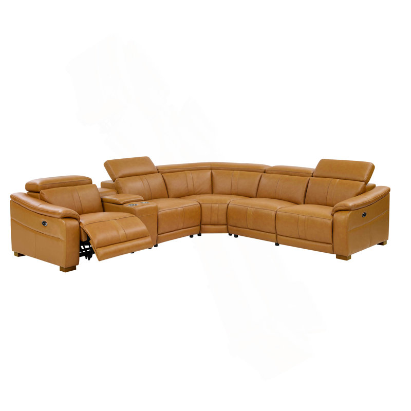 Canapé modulaire en cuir avec siège inclinable, appui-tête réglable et console de rangement avec porte-gobelets