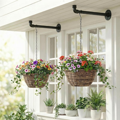 2 Pack Black Metal Pipe Plant Hanger Indoor With Hanging Chains, Industrial Window And Wall Mounted Hanging Rod Planter For Plants, Pots/Plants Not Included