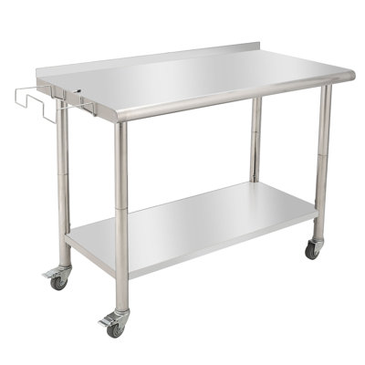 Table de préparation en acier inoxydable de 48 po x 24 po avec roues verrouillables, table de travail de cuisine commerciale robuste avec tablette réglable, support à ordures et garde-éclaboussures, îlot de cuisine pour restaurant, boulangerie, maison