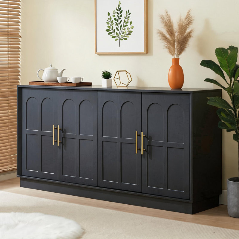 High-End Black Modern Arched Sideboard, Solid Wood, Large Capacity Design, Suitable For Both Living Room, Entryway, And Hallway Decoration And Storage.