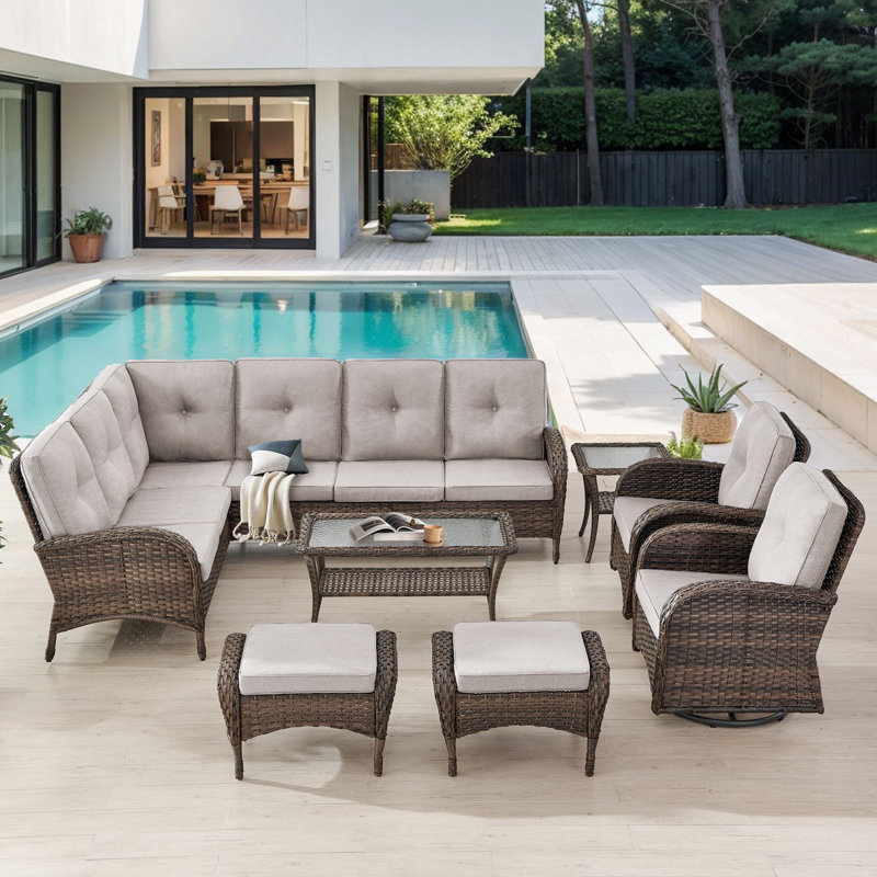 Valierius L-Shaped Outdoor Sectional Sofa Set With Swivel Chairs, Perfect For Patios & Gardens, Beige