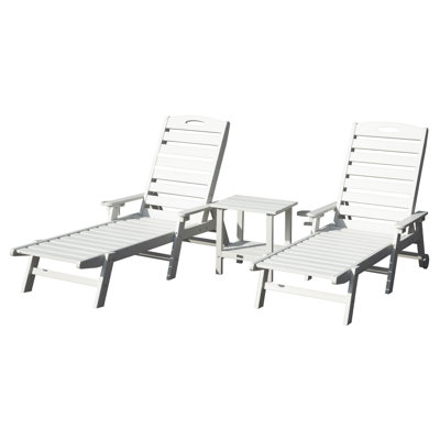 3-Piece All-Weather HDPE Wood-Look Outdoor Chaise Lounge Set with Wheels, Cup Holders & Double-Tier Side Table