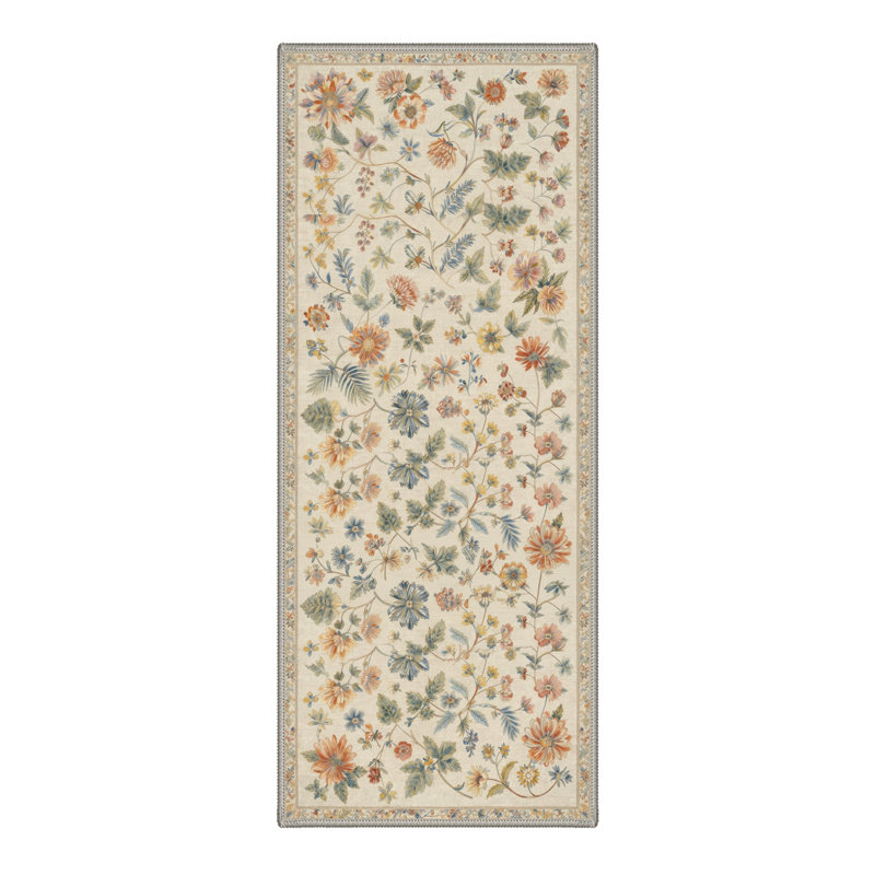 Tapis d'intérieur beige / vert / orange lavable à la machine Acker Verdant, Tapis de couloir 2 pi 3 po x 6 pi