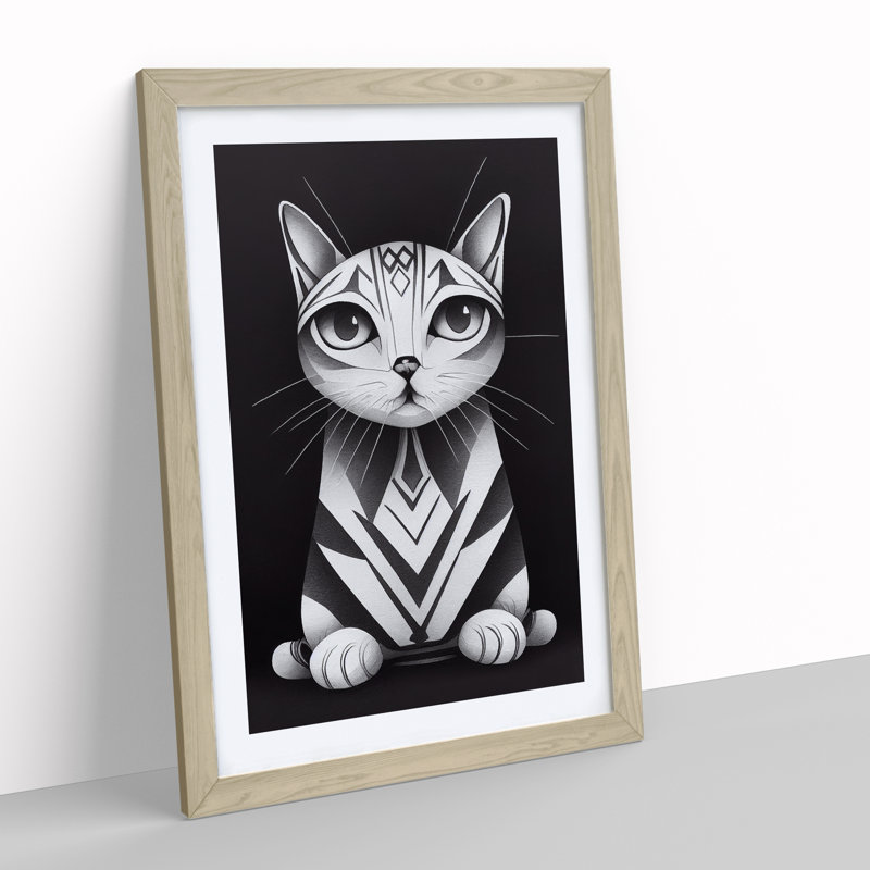 Striped Cat Abstract - Single Picture Frame Print, 46cm H x 34cm W x 2cm D, Oak