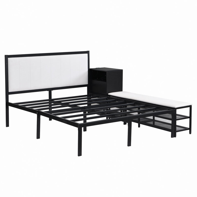 Lit plateforme en métal avec revêtement doux | Étagère de rangement à deux niveaux et armoire en bois | Repose-pieds rembourré