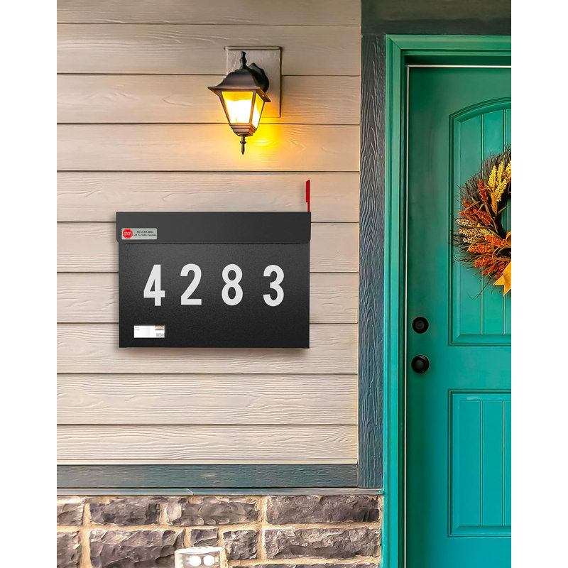 Black Metal Wall Mount Mailbox with Red Flag and Number Stickers