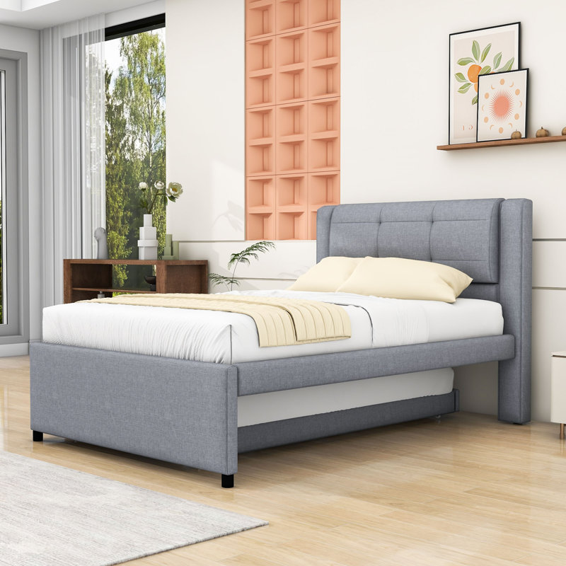 Lit plateforme double tapissier en bois avec lit gigogne et tête de lit, gris