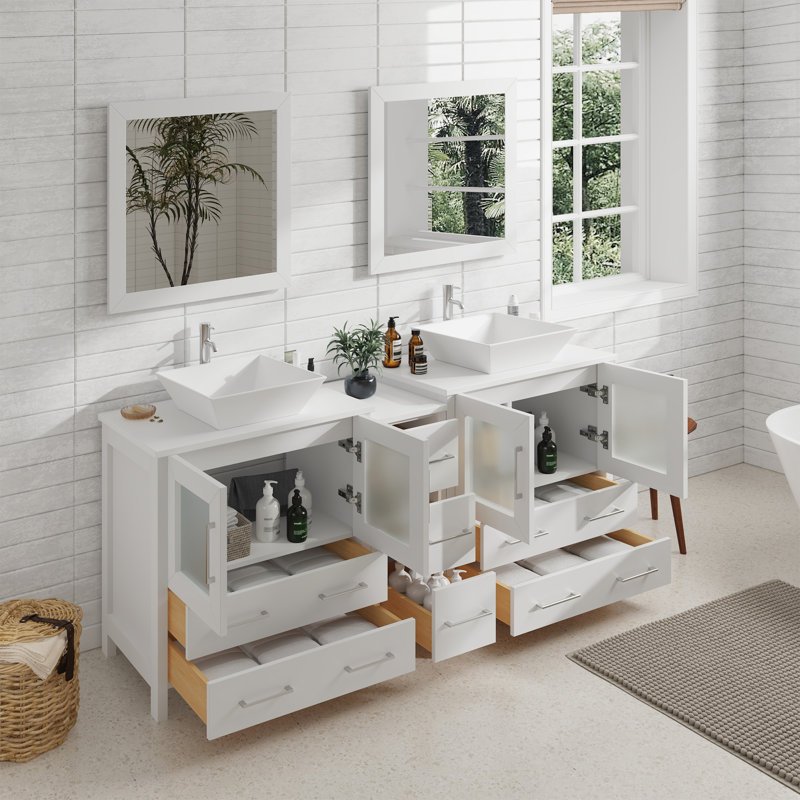  Meuble-lavabo autoportant à double cuve avec cadre en marbre et miroirs assortis avec cadre 72 po, Blanc
