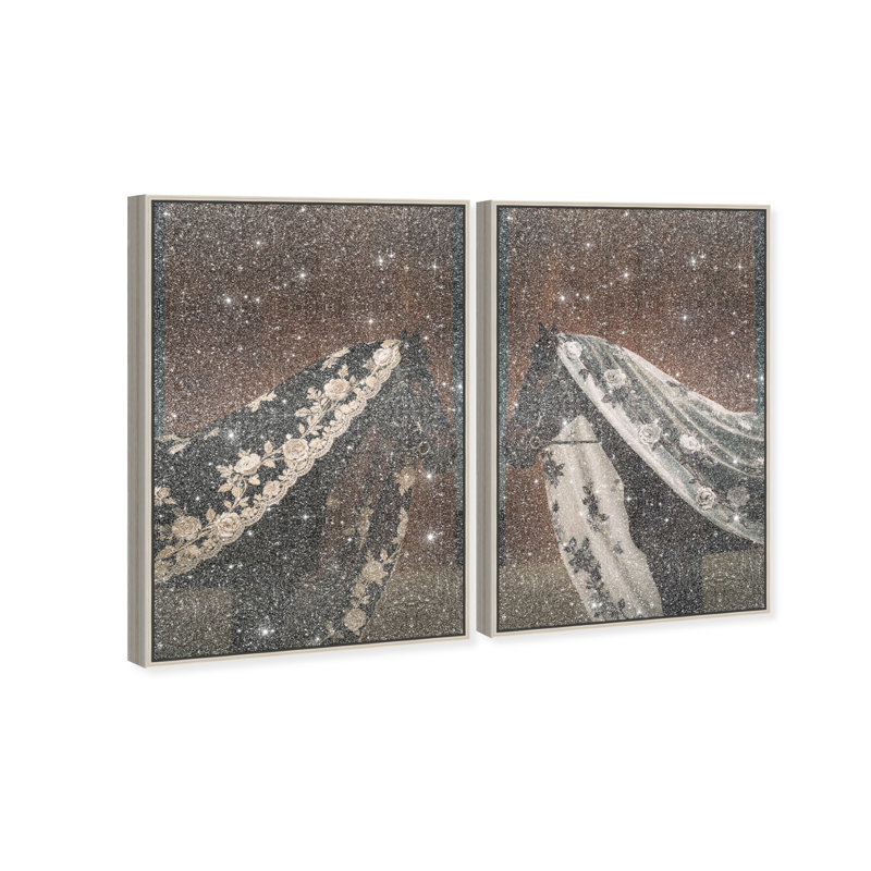 Ensemble de 2 toiles western Romance, imprimé d'animaux avec reflets de poussière de diamant, par Oliver Gal, Silver Frame