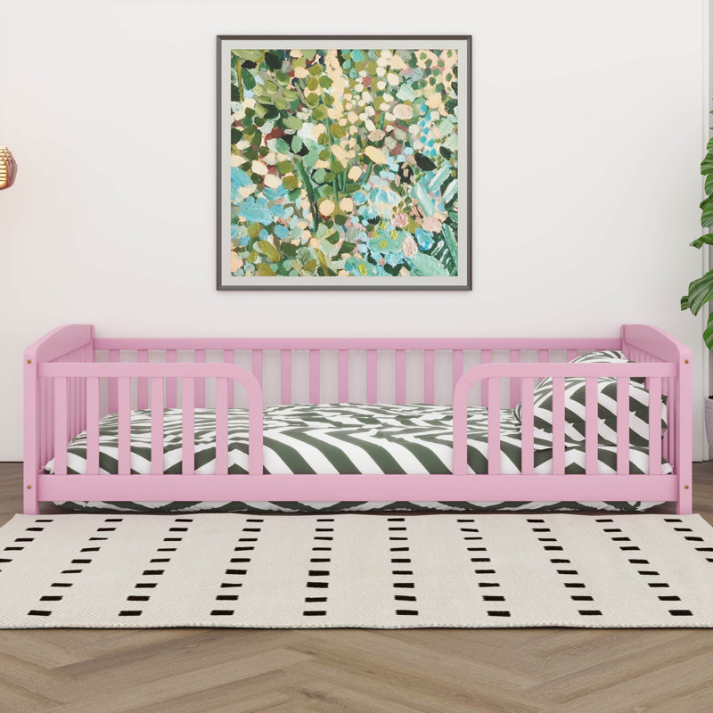 Lit sur pied avec rails, lit Montessori en bois avec entrée centrale et conception de coin rond, sans lattes, Rose