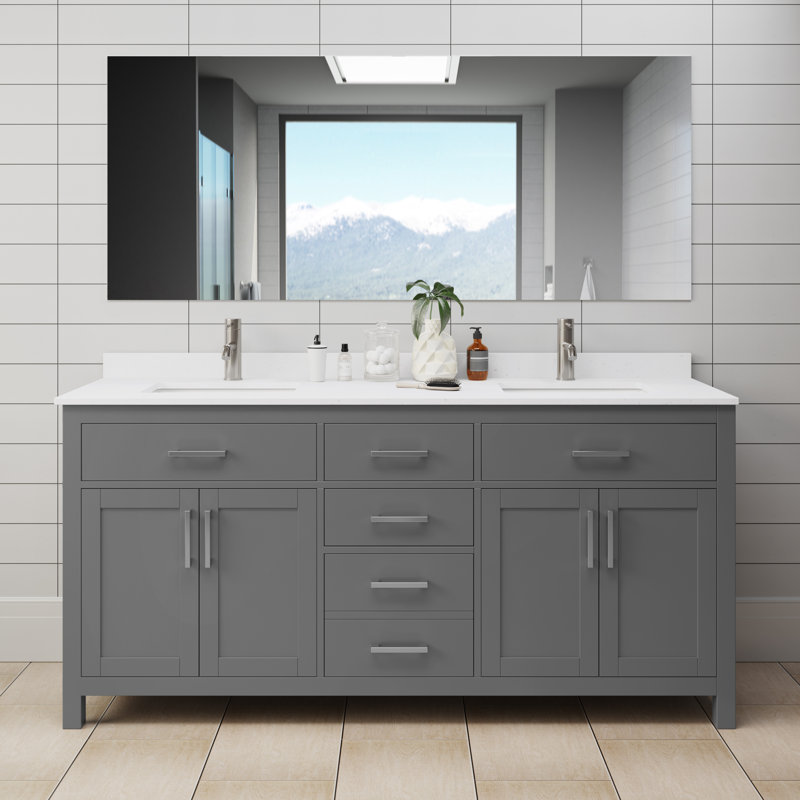 Beckett 72" Freestanding Double Bathroom Vanity with Cultured Marble Top, Dark Gray, White Cultured Marble, Brushed Nickel