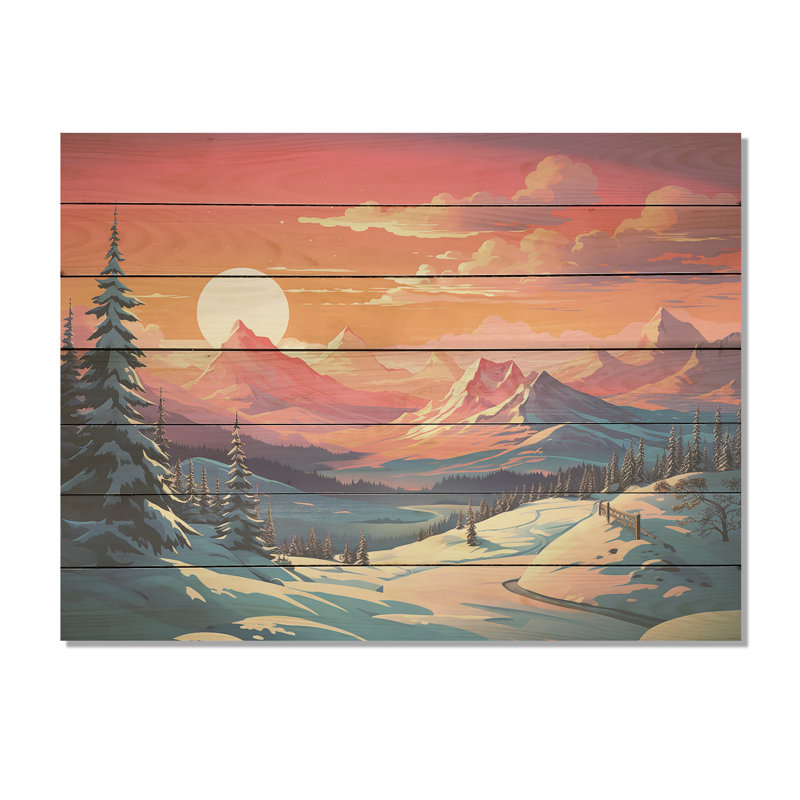 Winter Mountain Sunset Landscape - Winter Mountains on Wood Print, H 30 po x l 40 po x P 0,78 po