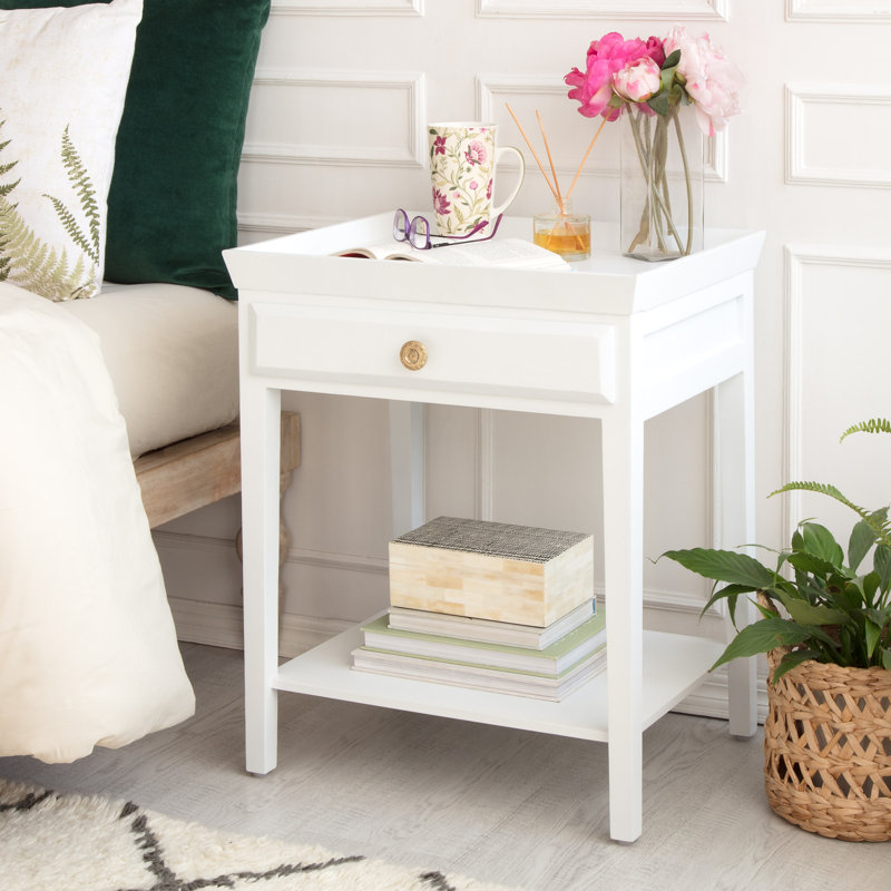White and Gold Solid Wood Rectangular Bedside Table with Drawer