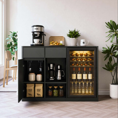 Modern Fluted Bar Cabinet with Fridge Compartment(Fridge Not Included, Adjustable Shelves & Built-in Power Outlets, Multipurpose Wine Storage Cabinet for Living & Dining Room