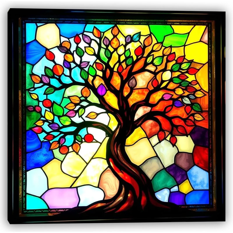 Vibrant, vitrail, arbre, toile tendue, art mural, H 12 po x l 12 po