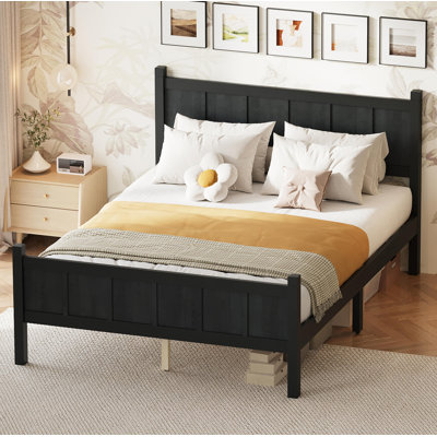 Lit double à panneau plat pleine grandeur avec tête et pied de lit, lit plateforme minimaliste moderne avec finition grain de bois, style Shaker et style campagnard, mobilier de chambre élégant et fonctionnel, noir