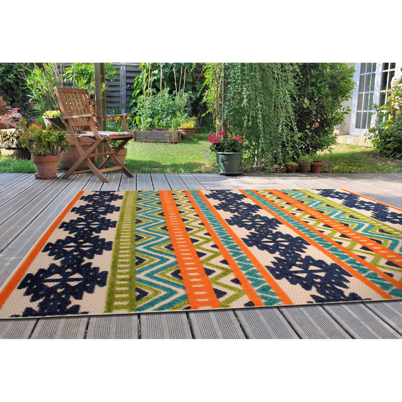 Heston Geometric Navy/Green/Orange Indoor & Outdoor Area Rug, Rectangle 7'10" x 10'