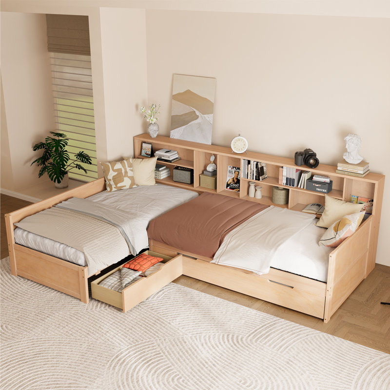Twin Size Wooden L Shaped Daybed with Under-bed Trundle and Storage Drawer, Versatile Corner Bed Frame with Bookcases for 3, Natural