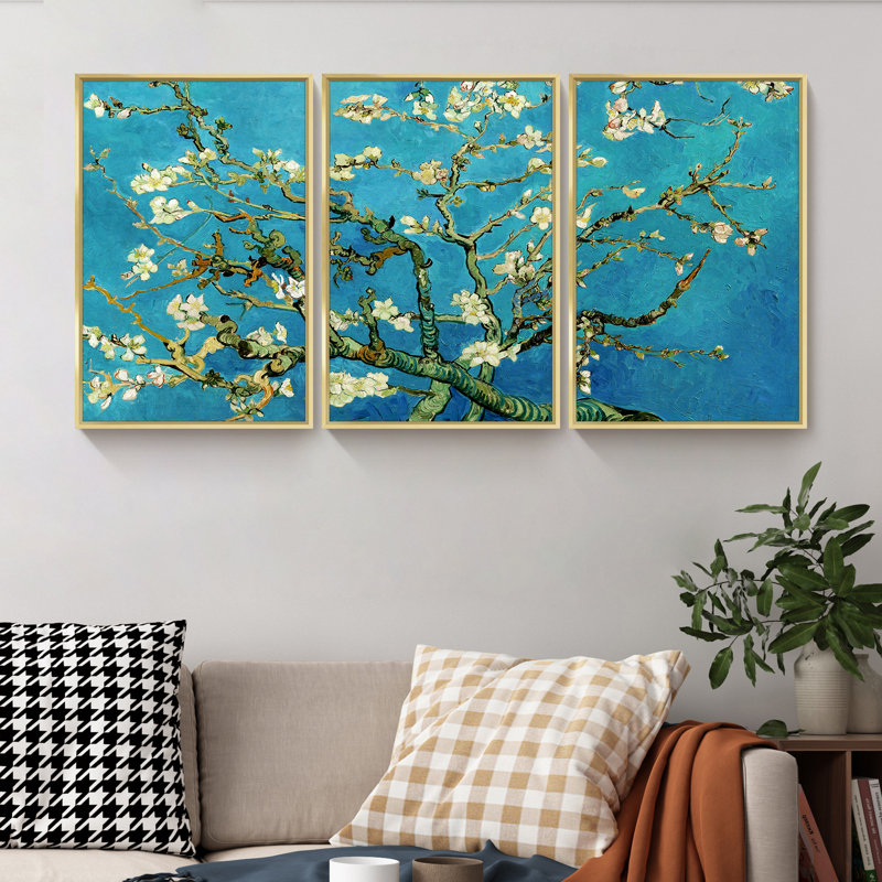 «Apricot Blossoms On Branch» par Vincent Van Gogh - Ensemble de 3 reproductions de cadres photo sur toile, Cadre doré