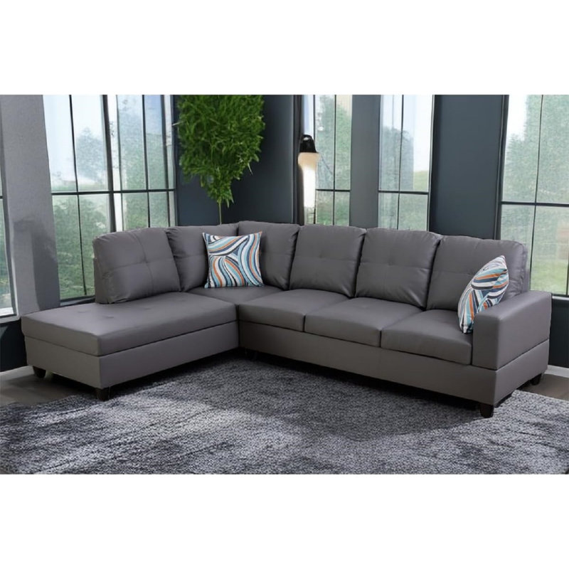 Bawan Faux Leather L-Shaped Sectional, Left Hand Facing, Gray Faux Leather
