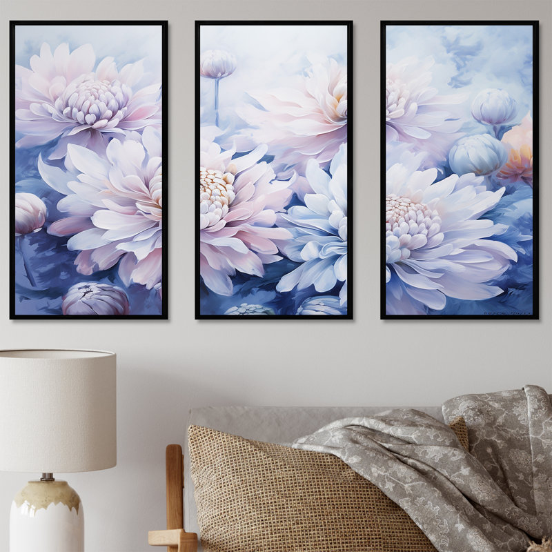 «Enchanting Chrysanthemums Flowers», ensemble d'art mural champ de fleurs, Cadre flottant noir, H 28 po x l 36 po x P 1 po