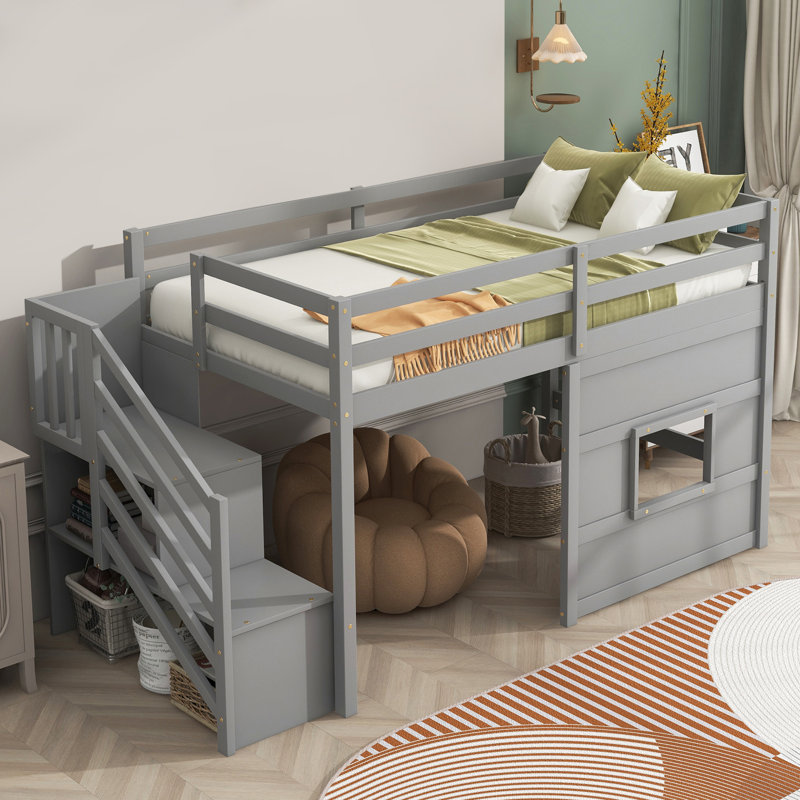 Hanzelin Twin Size Loft Bed with Storage Staircase and Window, Gray