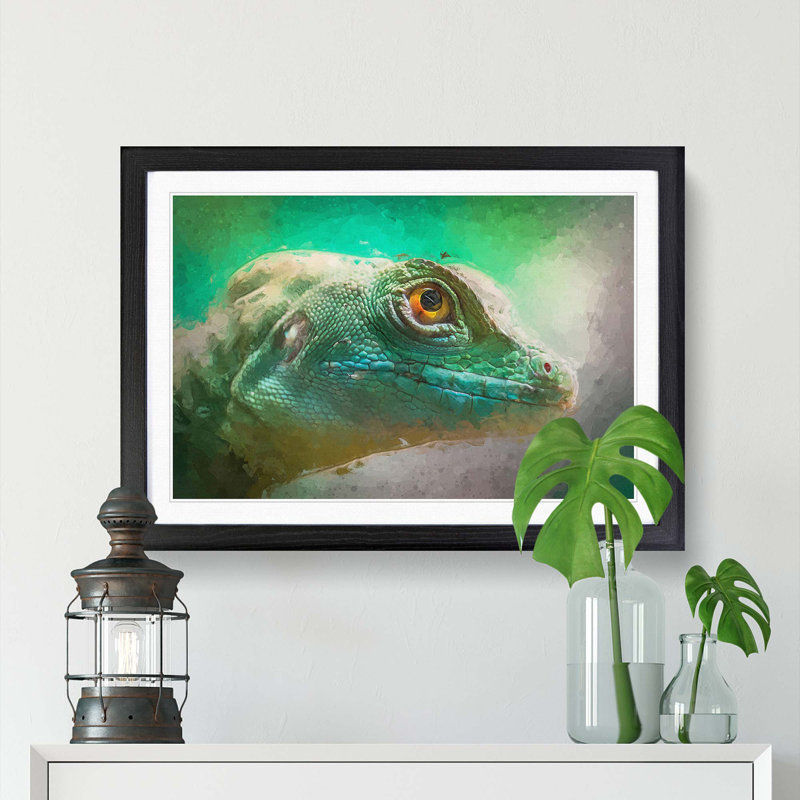 Green Lizard in Abstract - Picture Frame Graphic Art Print, Black Framed, 36cm H x 48cm W x 2cm D