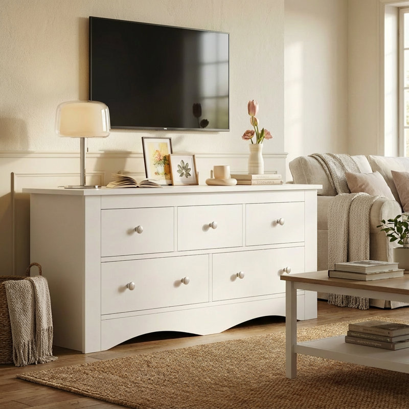 5 Drawer Double Dresser, Modern Wood Chest Of Drawer For Living Room Bedroom, White