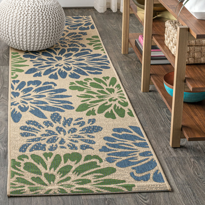 Hagy Modern Floral Textured Weave Navy/Green Indoor/Outdoor Rug, Runner 2'2" x 14'
