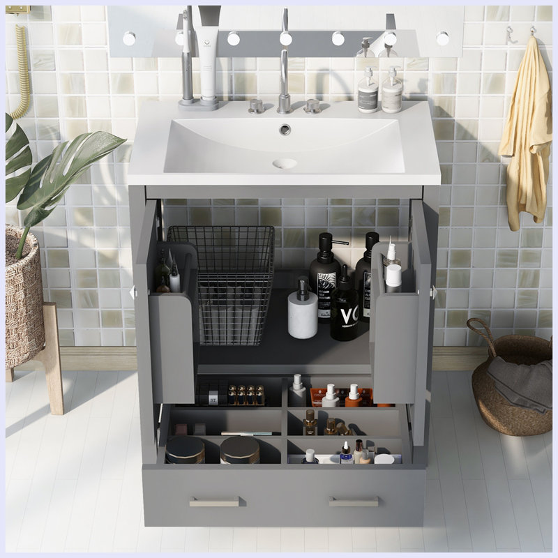 Meuble-lavabo moderne avec lavabo simple et tiroir, Gris