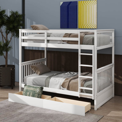 Bunk Beds With 2 Storage Drawers, Solid Wood Bunk Bed With Ladder And Safety Guardrail, Convertible Bunk Beds