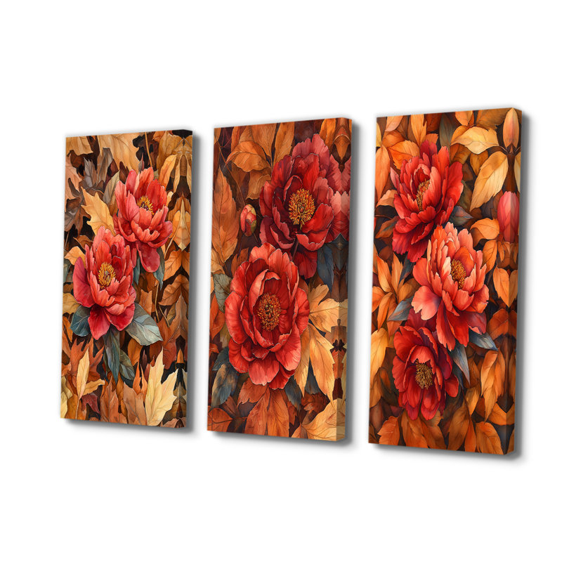 Pivoines rouges parmi les feuilles d'automne I - Collection de grandes décorations murales pivoines, H 28 po x l 36 po