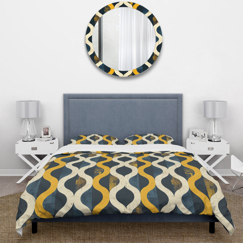 Ensemble de housse de couette jaune beige et quadrilobe Elegance - Mid-Century