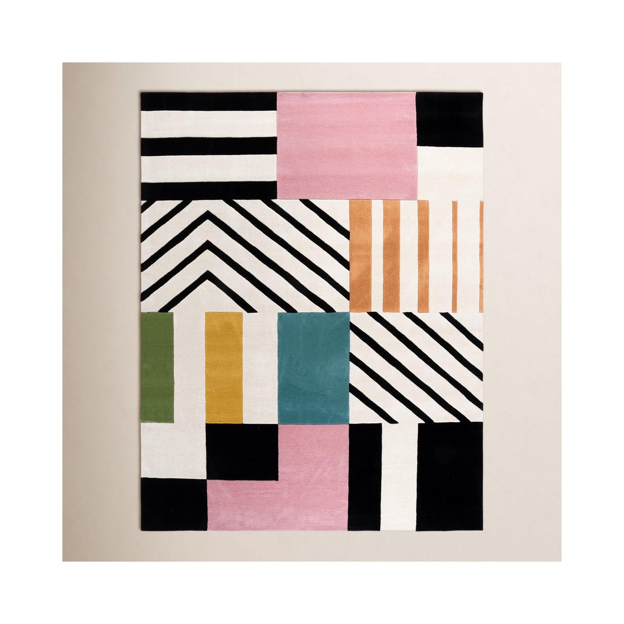 Tripoli Hand Tufted Wool Ivory/Black/Pink Rug, Square 5'