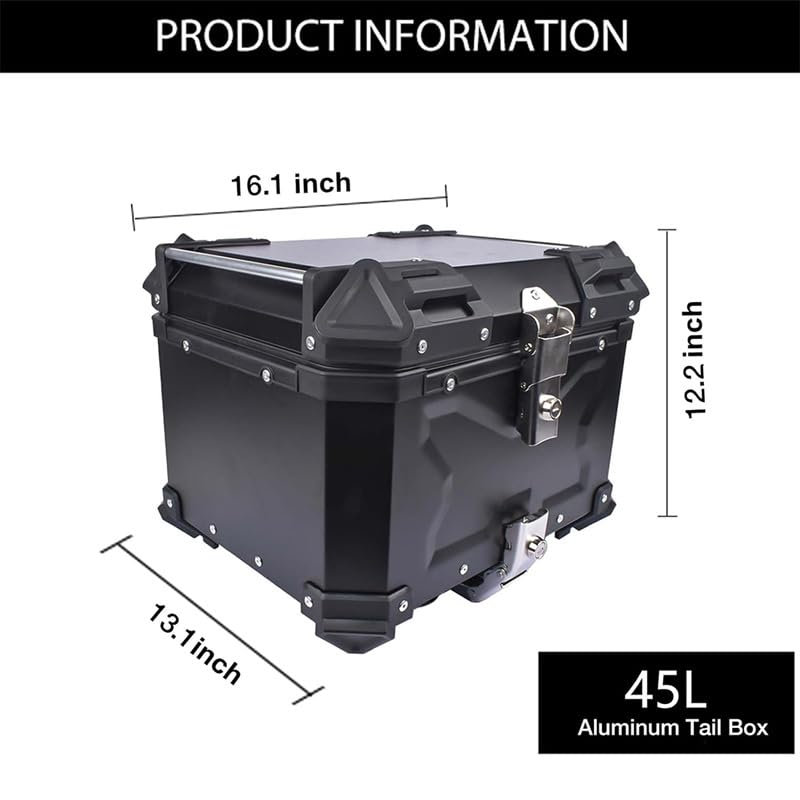 Large Capacity 45L Motorcycle Rear Box, Aluminum Alloy Motorcycle Top Case, Waterproof, Dustproof,  Anti theft Lock, Easy Helmet Storage, 2 Keys, Reflective Sticker