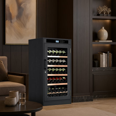Freestanding Wine Cabinet, Stylish Wine Cooler With UV-Resistant Glass Door, LED Light & Storage Rack