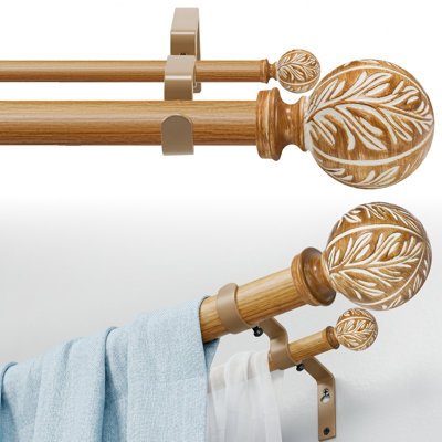 Tringle à rideaux double 32-84 po, tringle à rideaux double décorative pour fenêtres avec embouts en imitation bois, tringle double ajustable robuste