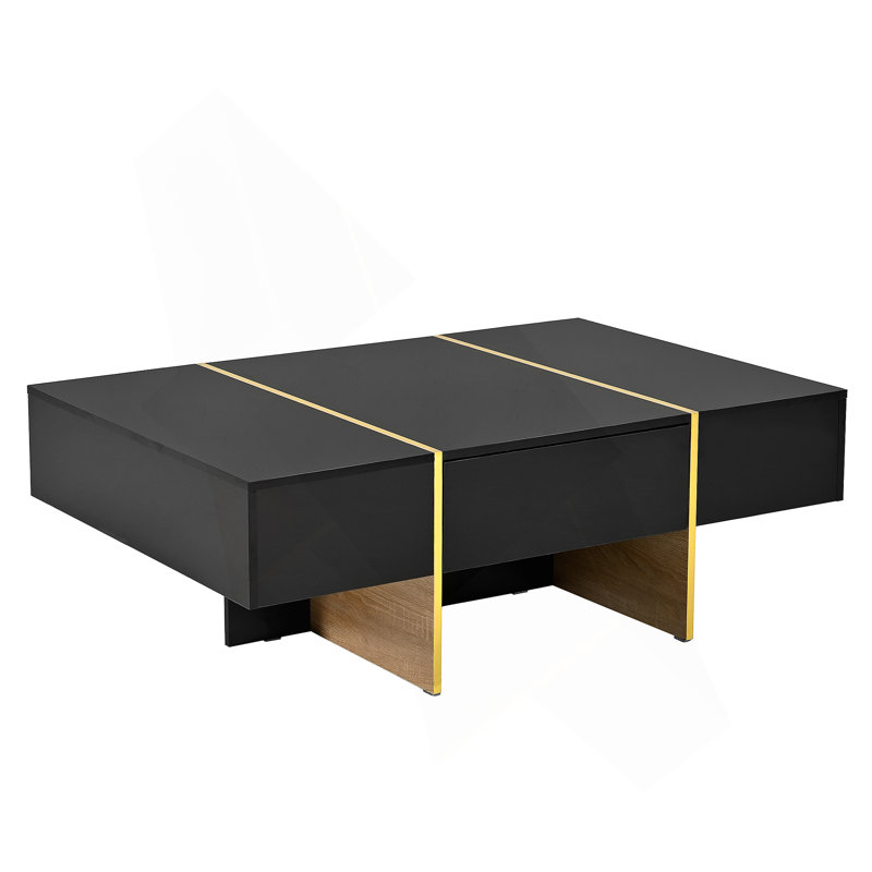 Modern Multi-Storage Rectangle Sofa Table with Golden Wood, Black