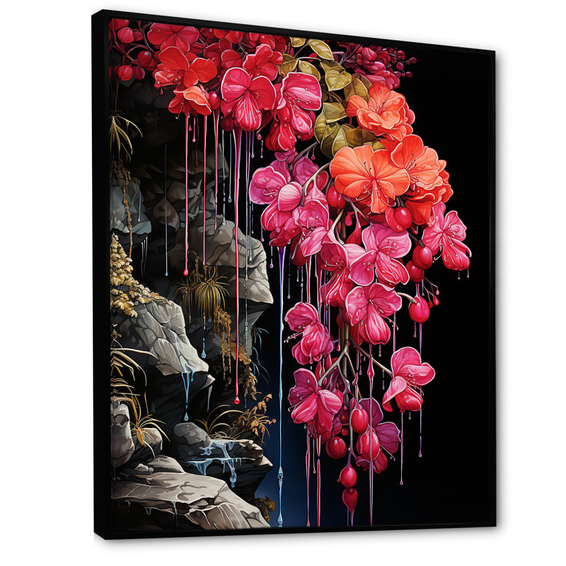Jardin du Japon, fuchsia, art mural Fuschia, Cadre flottant noir, 44" H x 34" W