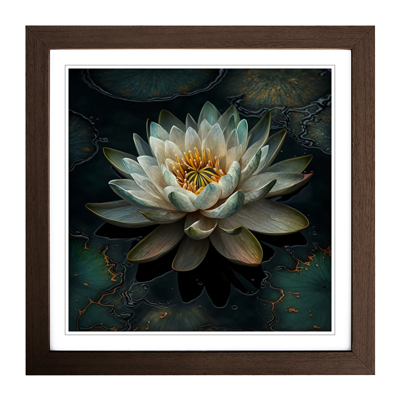 Water Lily Flower Boho - Framed Print, Walnut