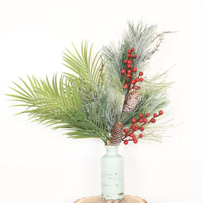 24" Artificial Christmas Day Winter Floral Arrangement Branch, Farmhouse Fern Frosted Pine Needles Red Berries Pine Cones With Long Stem For Party Home Office Table Centerpiece Shelf Decorations