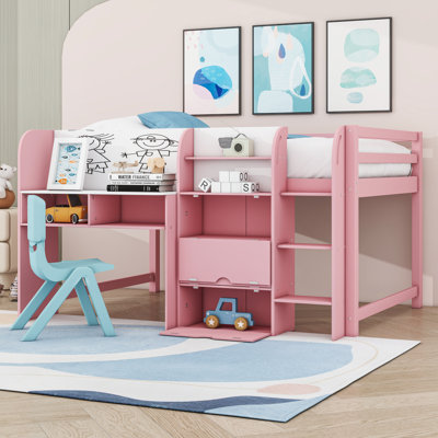Full Size Low Loft Bed With Built-In Desk And Storage Shelves