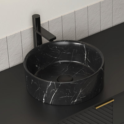 14'' Round Ceramic Bathroom Sink, Stone Pattern, Matte Black, Basin With Hazy Gray Veined, Easy To Clean, 14.48 In Depth, 15.41 Lb Weight Versatile And Stain - , Keep, Width, 4.64 Height