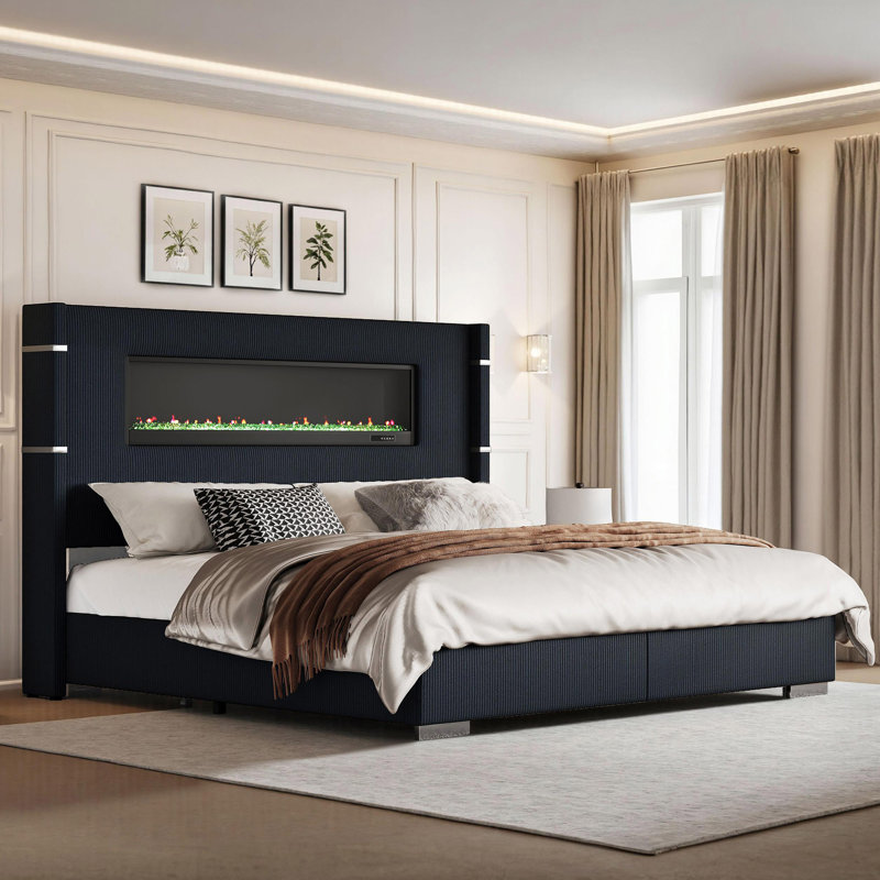 Lit très grand 60,4 po avec tête de lit tapissier et foyer en velours noir H 60,4 po, Noir, Très grand