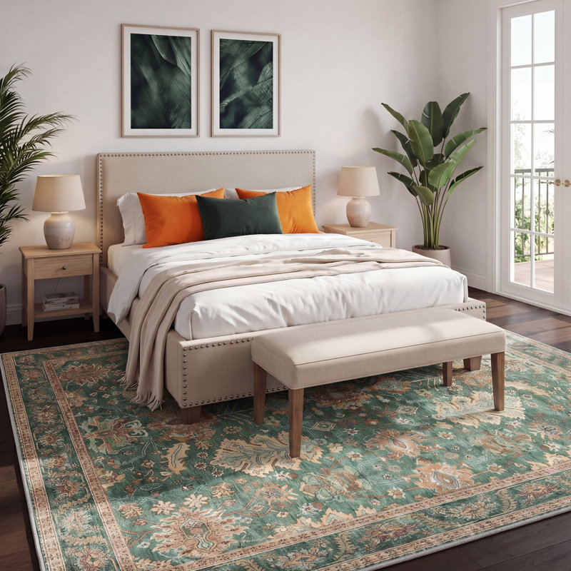 Olive Green Vintage Botanical Machine Washable Area Rug, Non-Slip Low-Pile OEKO-TEX Rug For Living Room, Rectangle 9' x 12'