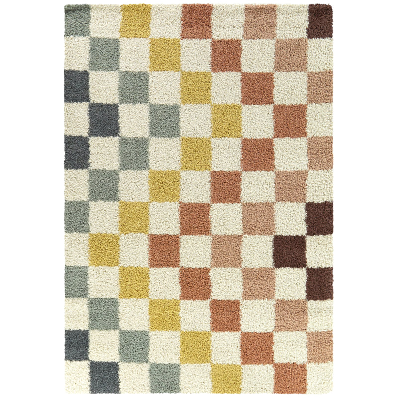 Machine Woven Shaggy Chequered Multico Area Rug, Rectangle 120 x 170 cm