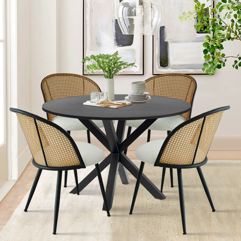 Atwater 39.5" W 4-Person Round Wood Dining Set with Boucle Chairs, Black