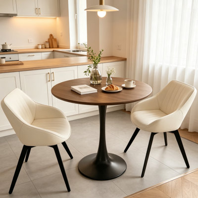 Dining Table Set 3-Piece Tulip Round Table with 2 Chairs, Wood Pedestal Base & PU Upholstered Seating, Mid-Century Modern Kitchen Dinette for Small Spaces, Apartment & Home Office