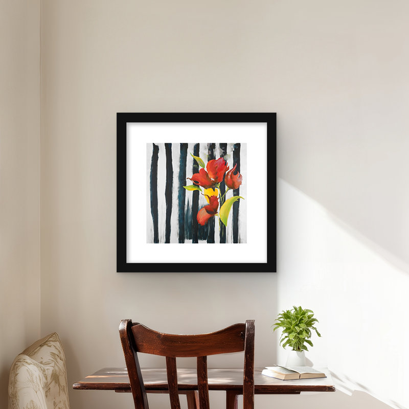Fleurs sur rayures noires et blanches | Impression encadrée noire, Noir, H 16 po x l 16 po